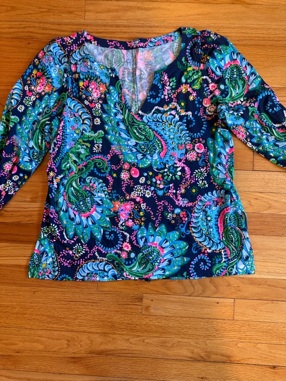 Lilly Pulitzer Navy Paisley Floral V-Neck Tunic with Teal & Pink